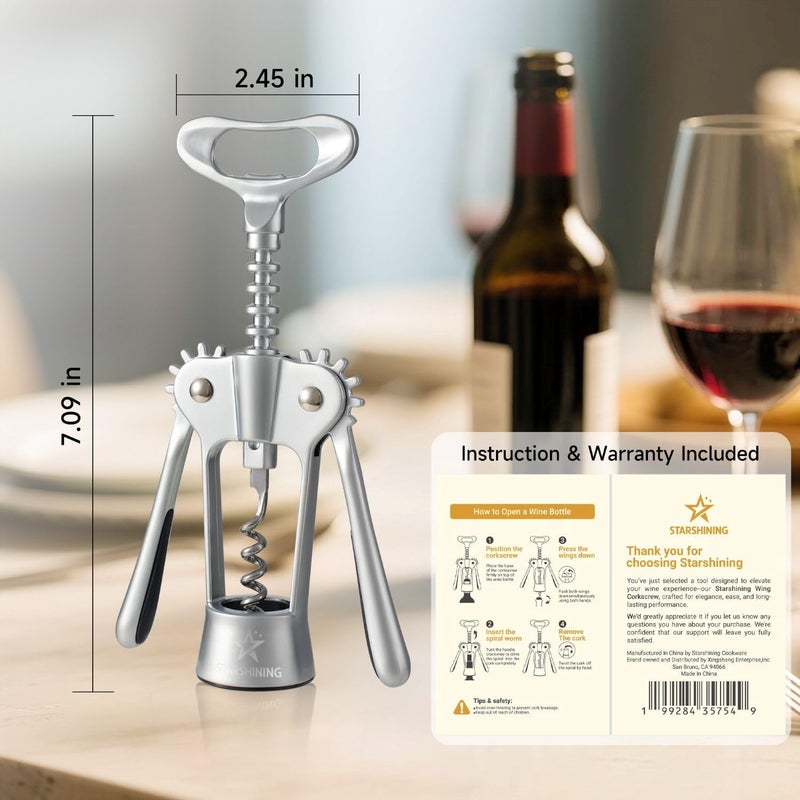 Starshining Wine Opener,Heavy-Duty Zinc Alloy Wing Corkscrew Wine Bottle Opener with Sharp Spiral Screw,Round Handles,Matte Silver - Image 2
